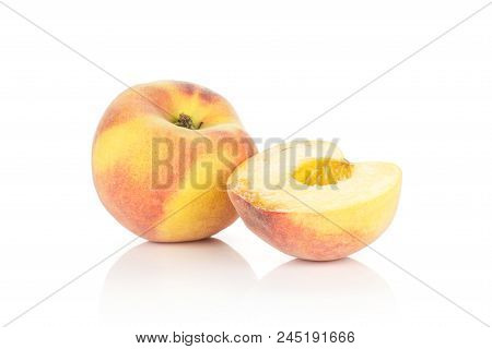 One Yellow Peach And A Half Without Drupe Isolated On White Background