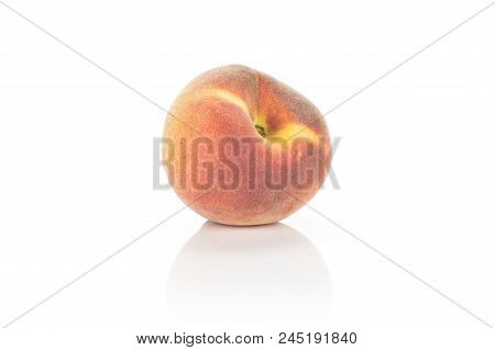 One Ripe Yellow Peach With A Red Blush Isolated On White Background