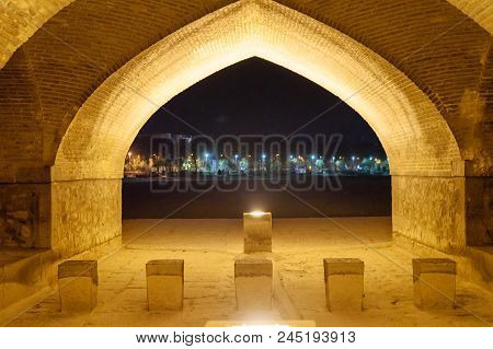 Arch Of Allahverdi Khan Bridge Called Siosepol Over Dry Zayandeh River At Night In Spring. Isfahan. 