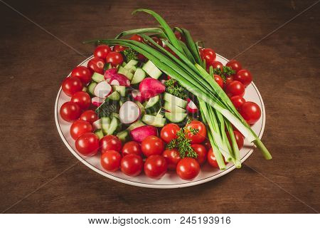 Vegetables For A Picnic, Cherry Tomatoes, Cucumbers, Radish, Green Onion On Wooden Background, Film-