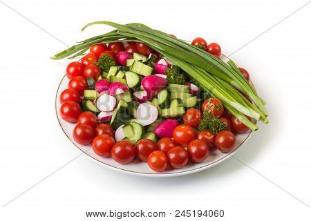 Vegetables For A Picnic, Cherry Tomatoes, Cucumbers, Radish, Green Onion Isolated On White Backgroun