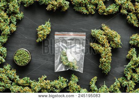 Grinder A Lot Ofx Marijuana, Fresh Buds Of Cannabis Many Weed. Copy Spase Copy-space