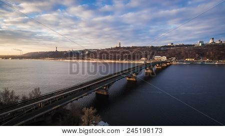 The Winter Aerial View On The Bridge Of The Subway And The Right Coast Of Dnieper, With Kiev-pechers