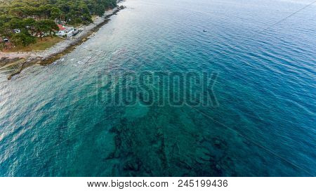 Bird Eye View Of Coastline. Aerial View Of Sea Shoreline.