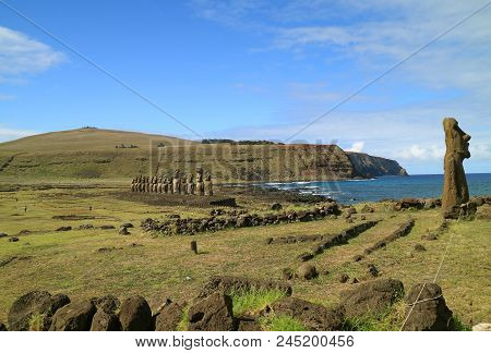 Ahu Tongariki, The Largest Ahu On Easter Island With Pacific Ocean On Its Back, Chile, South America