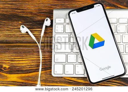 Sankt-petersburg, Russia, June 2, 2018: Google Drive Application Icon On Apple Iphone X Screen Close