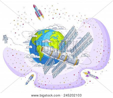 Space Station Flying Orbital Spaceflight Around Earth, Spacecraft Spaceship Iss With Solar Panels, A