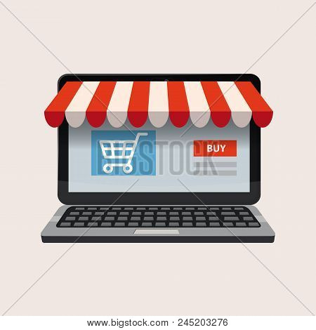 Black Open Laptop With And Screen Buy. Computer Notebook. Concept Online Shopping