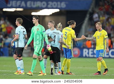 Nice, France - June 22, 2016: Swedish And Belgian Players Thanks Each Other After Their Uefa Euro 20