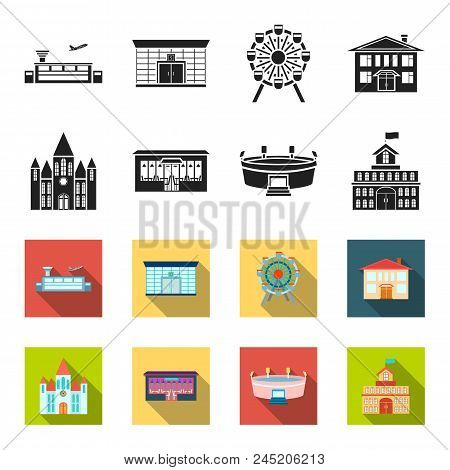 House Of Government, Stadium, Cafe, Church.building Set Collection Icons In Black, Flet Style Vector