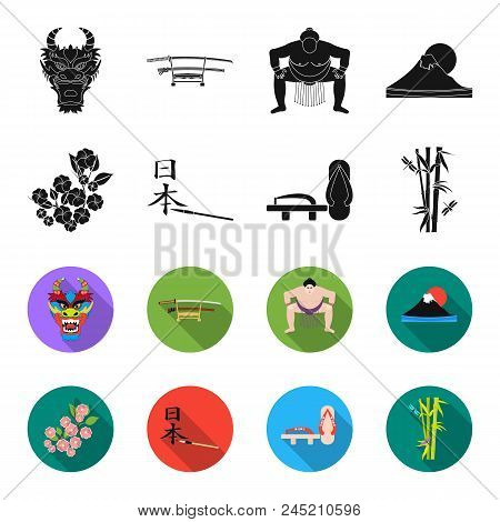 Geta, Sakura Flowers, Bamboo, Hieroglyph.japan Set Collection Icons In Black, Flet Style Vector Symb