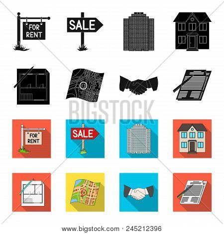 House Plan, Documents For Signing, Handshake, Terrain Plan. Realtor Set Collection Icons In Black, F