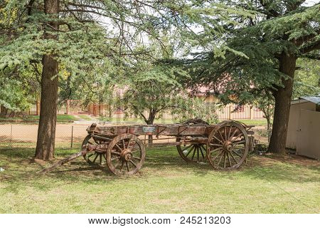 Lady Grey, South Africa - March 29, 2018: An Historic Ox-wagon At The Dutch Reformed Church In Lady 