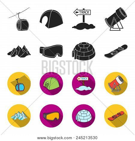 Mountains, Goggles, An Igloo, A Snowboard. Ski Resort Set Collection Icons In Black, Flet Style Vect