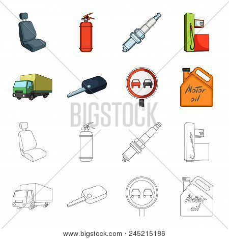 Truck With Awning, Ignition Key, Prohibitory Sign, Engine Oil In Canister, Vehicle Set Collection Ic