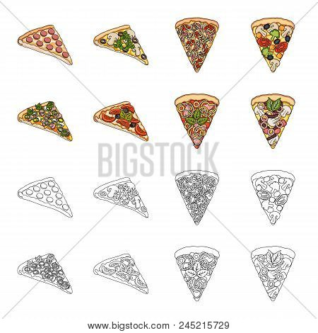 A Slice Of Pizza With Different Ingredients. Different Pizza Set Collection Icons In Cartoon, Outlin