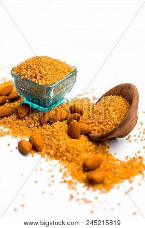 Close Up Of Raw Uncooked Dalia Or Bulgur Or Mixed Cereals Or Oats With Dry Fruits Ingredients For Da