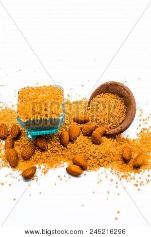 Close Up Of Raw Uncooked Dalia Or Bulgur Or Mixed Cereals Or Oats With Dry Fruits Ingredients For Da