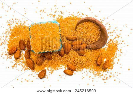 Close Up Of Raw Uncooked Dalia Or Bulgur Or Mixed Cereals Or Oats With Dry Fruits Ingredients For Da