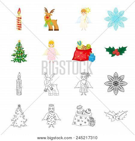 Christmas Tree, Angel, Gifts And Holly Cartoon, Outline Icons In Set Collection For Design. Christma