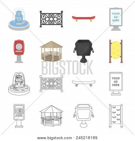 Telephone Automatic, Gazebo, Garbage Can, Wall For Children. Park Set Collection Icons In Cartoon, O
