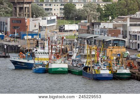 Ijmuiden, The Netherlands - May 17, 2018: Fishing Ships In Dutch Harbor Ijmuiden