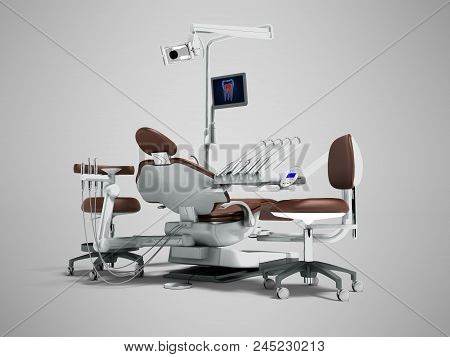 Modern Brown Dental Chair With Borax With Lighting And Monitor For Work Behind 3d Render On Gray Bac