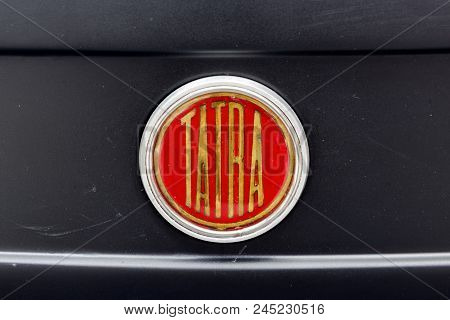 Kharkiv, Ukraine - May 19, 2018: Close Up Of The Hood Ornament Of Retro Car Black Tatra T-613 Manufa