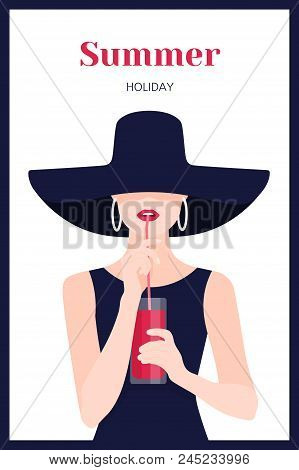 Portrait Of A Beautiful Woman. A Girl Drinks Juice Through A Straw. Rest At The Resort. Vector Flat 