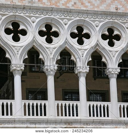Architectural Fragment Of Doge Palace Entrance (palazzo Ducale, 1340) From St. Mark Square. Palace W