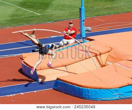 Stockholm, Sweden - Jun 10, 2018: Sandi Morris  Jumping In The Pole Vault Competition In Iaaf Diamon