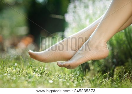 Beautiful Female Bare Feet On Green Grass In Summer