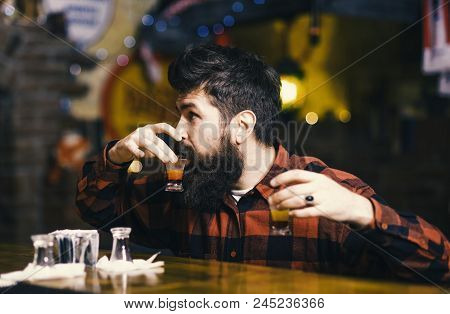 Get Drunk Concept. Hipster Holds Glass With Alcoholic Drink, Short Cocktail. Guy Spend Leisure In Ba