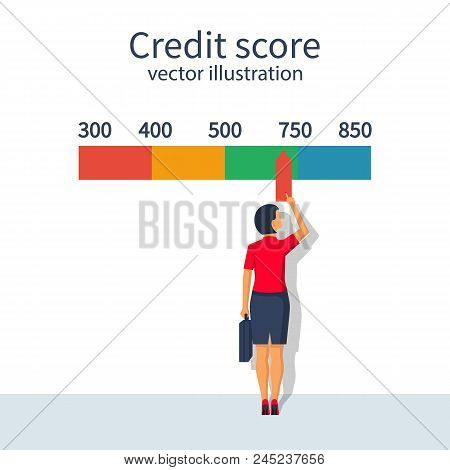 Credit Score, Gauge. Woman Changing Personal Credit Information. Report Form Document. Vector Illust