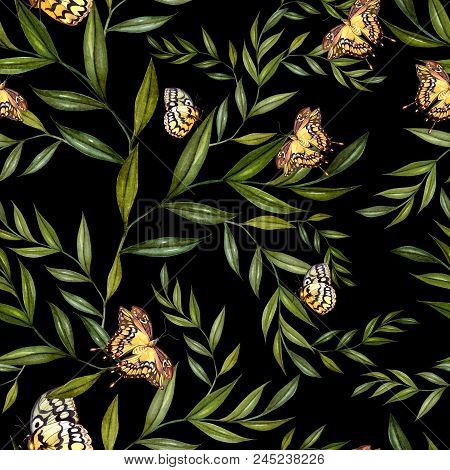 Beautiful Watercolor Pattern With Leaves And Butterflies. Illustration