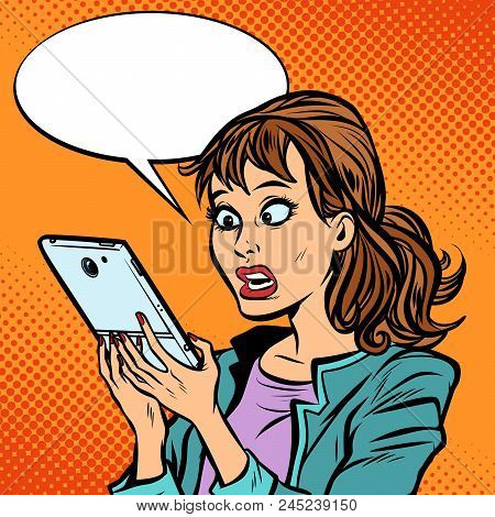 Shocked Woman Reading A Smartphone. Comic Cartoon Pop Art Retro Vector Illustration Drawing