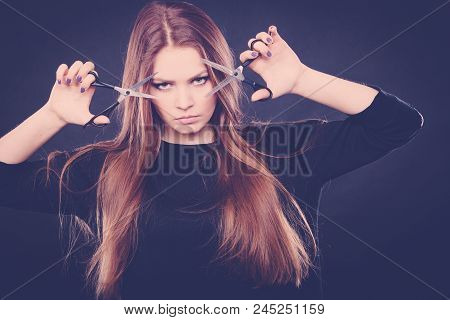 Professional Elegant Female Barber With Scissors.