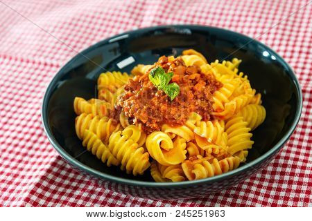Radiatori pasta Bolognese on the table