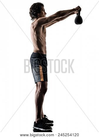 one caucasian man fitness weitghs training exercises studio in silhouette isolated on white background