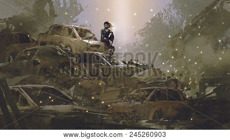 Post-apocalyptic Scene Showing The Woman With A Mask Sitting On Pile Of Wrecked Cars, Digital Art St