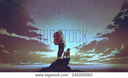 Young Hiker With Backpack And A Dog Standing On The Rock And Looking At Stars In The Night Sky, Digi