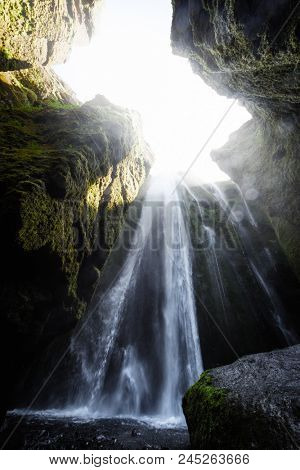 Unique Gljufrabui waterfall in cave, Iceland, Europe