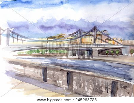 City Landscape With A Bridge Across The River. Crimean Bridge In Moscow, Watercolor Drawing.
