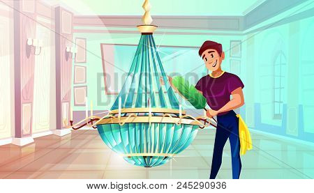 Ballroom Cleaning Vector Illustration Of Man Dusting Big Crystal Chandelier With Feather Duster. Roy