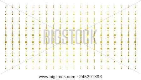 Shovel Icon Gold Colored Halftone Pattern. Vector Shovel Shapes Are Arranged Into Halftone Array Wit