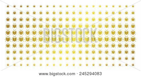 Bug Icon Gold Halftone Pattern. Vector Bug Shapes Are Arranged Into Halftone Array With Inclined Gol