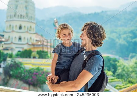 Father And Son Tourists In Buddhist Temple Kek Lok Si In Penang, Malaysia, Georgetown. Traveling Wit