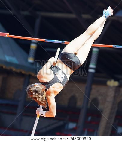 Stockholm, Sweden - Jun 10, 2018: Iryna Zhuk (belarus) Jumping In The Pole Vault Competition In Iaaf