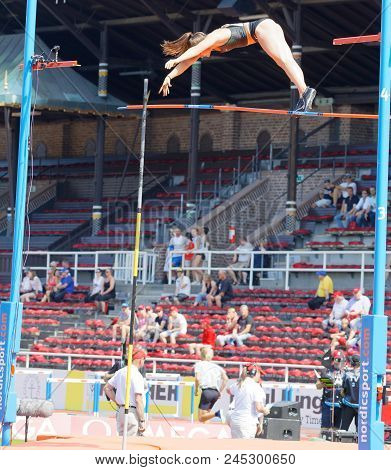 Stockholm, Sweden - Jun 10, 2018: Iryna Zhuk (belarus) Jumping In The Pole Vault Competition In Iaaf