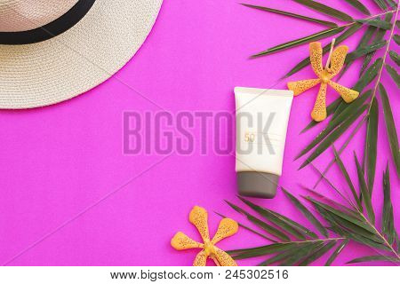 Natural Cosmetics For Skin Face Sunscreen Spf50 Of Lifestyle Woman Relax Summer With Bamboo Leaf And